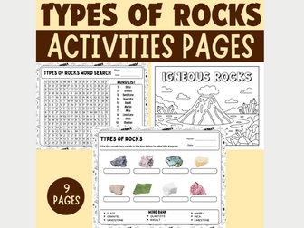 Types of Rocks Worksheet: Structure Diagram, Vocabulary Puzzle & Coloring Pages