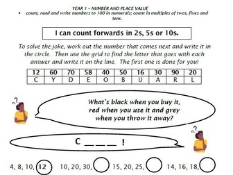 Y1 arithmetic jokes/codes/riddle worksheet set, counting in 2, 5, 10