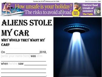 Write a newspaper article: "Aliens stole my car!"