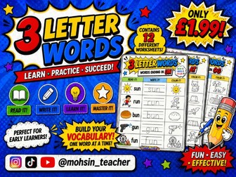 3 Letter Words Worksheets Pack – CVC Phonics, Read Write Colour Activities