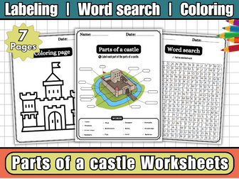 Parts of a Castle Worksheets,Castle Labeling Diagram,Word Search,Coloring-Medieval History Activity