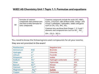 WJEC A level chemistry AS unit 1 topic 1.1 Formulae and equations notes