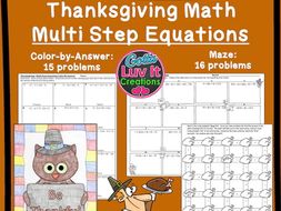 Solving Equations Thanksgiving Turkey Math - Multi Step Equations Maze & Color by Number Bundle