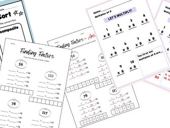 Factors, Multiples& Primes Worksheet Pack with answers