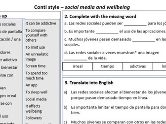 Social Media and Wellbeing in Spanish – Conti-Style Vocabulary & Practice Worksheet