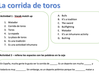 La corrida de toros - Bullfighting worksheet suitable for KS3 // GCSE
