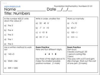 GCSE Foundatrion Maths - Numbers - Retention questions, assessment and DIRT