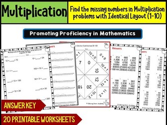 Find the missing numbers in Multiplication problems with Identical Layout (1-10) Worksheets Math Pro