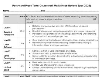 Edexcel English Language - Poetry and Prose Texts: Coursework Marksheet (revised spec 2023)