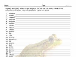 Animals Define The Vocabulary Worksheet