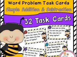 Bee Word Problem Task Cards Using Simple Addition and Subtraction