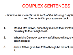 Complex sentences (3 types) - presentation and worksheet