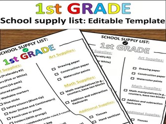 1st Grade School Supply List | Editable Printable Back to School Parent Handout
