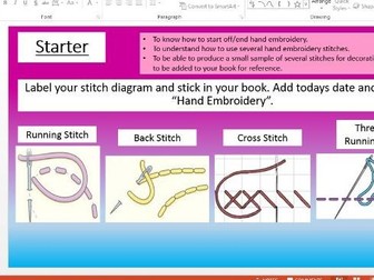 Textiles Basic hand embroidery lesson year 7 or 8