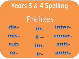 SPaG Year 3 & 4 Spelling: Prefixes dis mis in re sub inter super anti auto