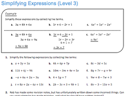 Simplifying Expressions Level 3 Teaching Resources