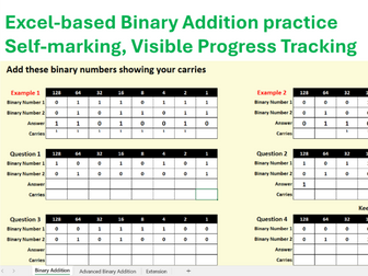 Self-marking Binary Addition Spreadsheet Activity