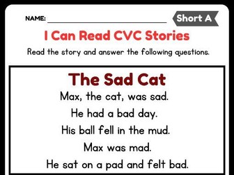 Short A CVC Decodable Short Stories worksheets with Questions