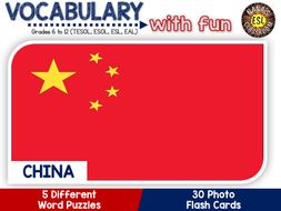 China - Country Symbols: 5 Different Word puzzles and 30 Photo flash cards (ESL, ELA, ELL, TESOL)