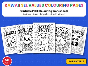 Kawaii SEL Character Values Colouring Pages | Printable Colouring Page Worksheets | Kindness Calm