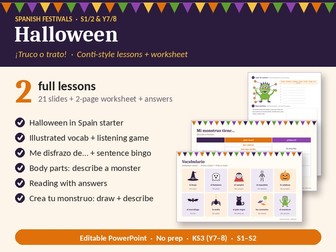 Halloween, Conti Style: 2 Spanish Lessons + Worksheet (KS3, S1/2 & Y7/8)