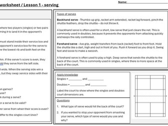 Badminton worksheets / cover work