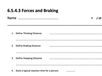 AQA GCSE Science Trilogy Physics Recall sheet. 6.5.4.3 Forces and Braking