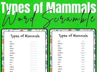 Printable Types of Mammals Word Scramble Puzzle Activity - No Prep Needed