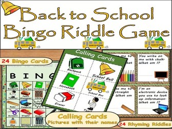 Back to School Speech Therapy Bingo Game Riddles for Language & Listening Skills