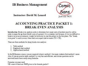 IB Business Management Accounting & Finance Packet 1: Break Even Analysis