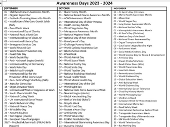 Awareness Days Calendar Sept 2023-July 2024 Tutor Time PSHE Citizenship Assembly Themes