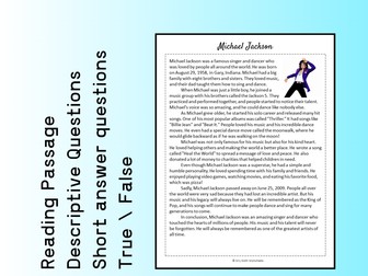 Michael Jackson Biography Reading Comprehension Passage Printable Worksheet PDF