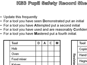 KS3 PUPIL SAFETY RECORD SHEET