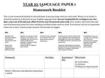 AQA GCSE English Language Paper 1 Homework Booklet
