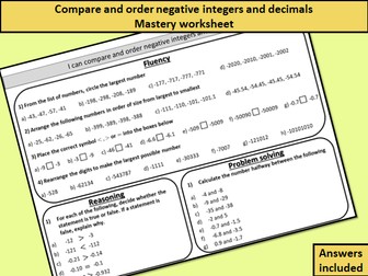 Compare and order negative integers and decimals - mastery worksheet