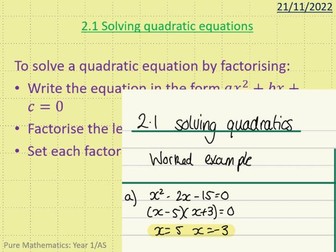 Quadratics. Edexcel Year 1/AS