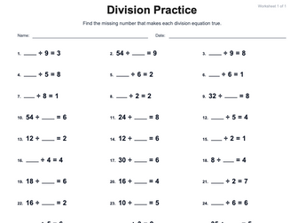 Missing Number Division Practice Worksheet (with Answer Key)