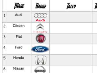 Tally chart on cars, including badges and a graph to convert data