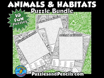 Animals and Habitats Word Search Puzzle with Colouring | 10 Wordsearch Puzzles
