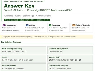 Cambridge IGCSE Maths 0580 | Topic 9: Statistics | Answer Key & Mark Scheme |