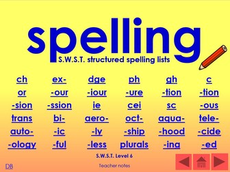 SWST Single Word Spelling Test: Levels 1-6 power-points, lists and table cards.