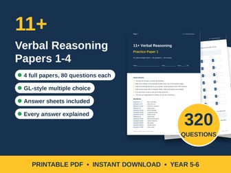 11+ Verbal Reasoning Practice Papers 1-4 | 4 Mock Tests + Worked Solutions | Year 5-6 PDF