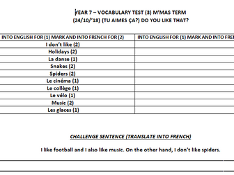 Set of vocabulary tests for Year 7 French on first topic of Dynamo 1