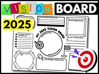 Vision board templates New Years 2025 goal setting sheets students Grade 2 Grade 3 Grade 4 Grade 5