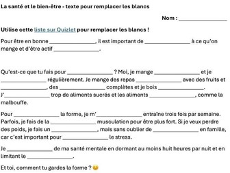 La santé et le bien-être - texte pour remplacer les blancs - health and well-being gap filling