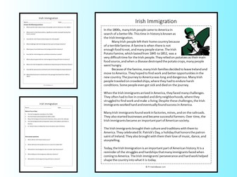 Irish Immigration Reading Comprehension Passage Printable Worksheet