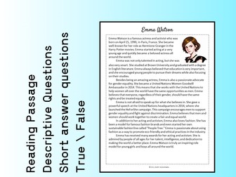 Emma Watson Biography Reading Comprehension Passage Printable Worksheet PDF
