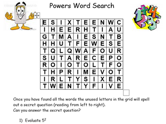 Powers Wordsearch - Square, Square Root, Cube...