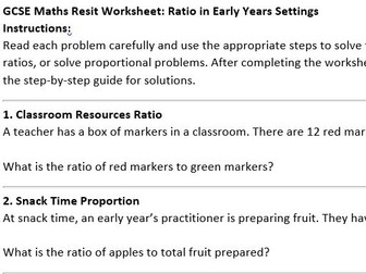 GCSE Maths Resit Worksheet: Ratio in Early Years Settings