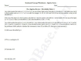 Basic Algebra Worksheet 2 – Pre-Algebra Review - Divisibility Rules 1